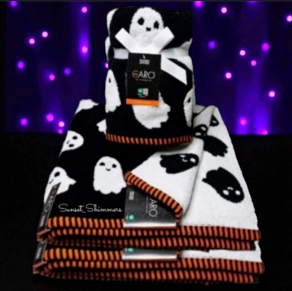 4pc Halloween Ghost Black White Orange Plush Bath & Hand Towel Set Caro Home New